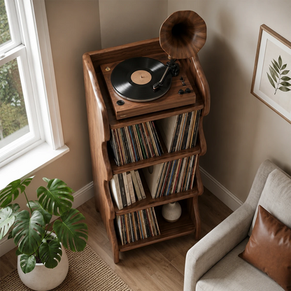 Compact Natural Solid Wood Audio Storage Cabinet With Wavy Side Panels - ArborisWood - 5
