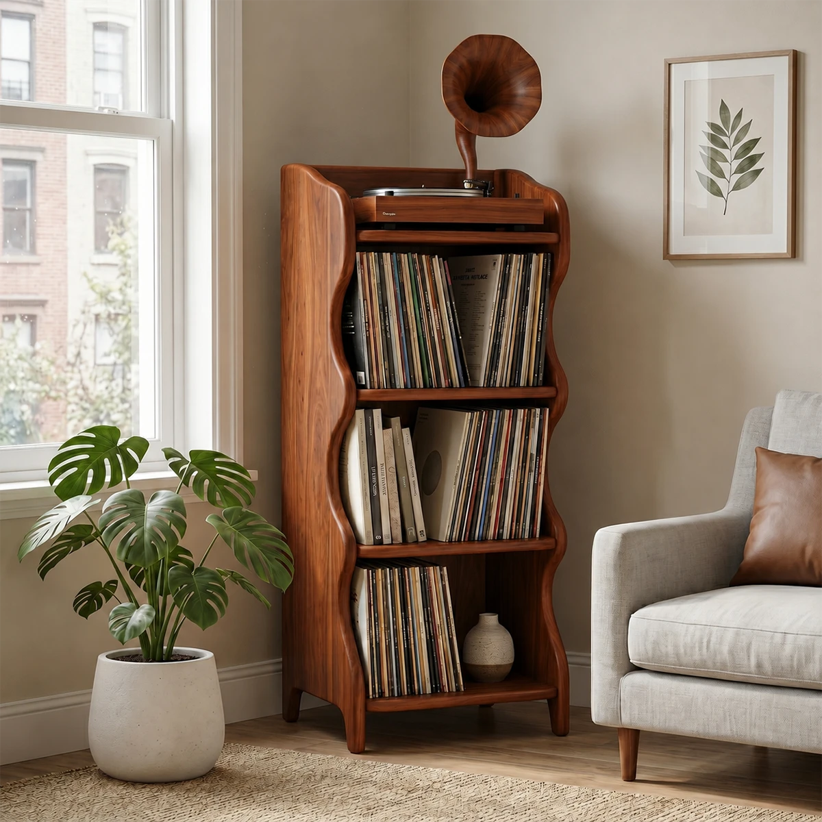 Compact Natural Solid Wood Audio Storage Cabinet With Wavy Side Panels - ArborisWood - 6