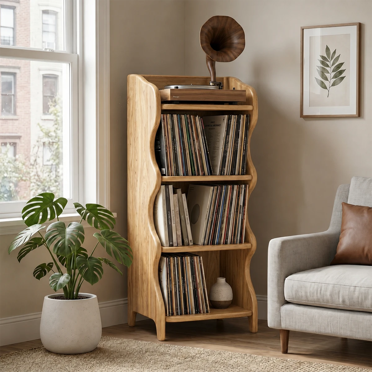 Compact Natural Solid Wood Audio Storage Cabinet With Wavy Side Panels - ArborisWood - 7