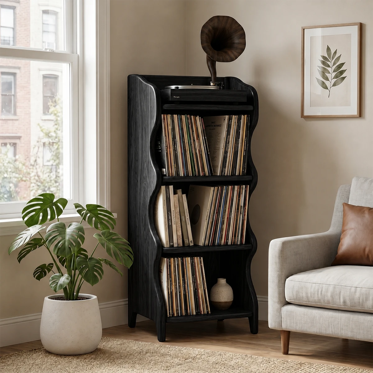 Compact Natural Solid Wood Audio Storage Cabinet With Wavy Side Panels - ArborisWood - 8