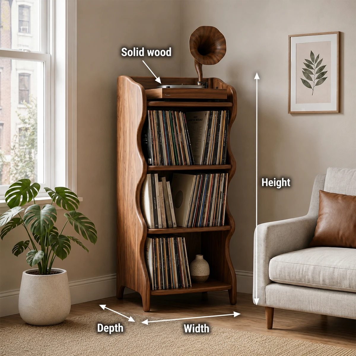 Compact Natural Solid Wood Audio Storage Cabinet With Wavy Side Panels - ArborisWood - 9