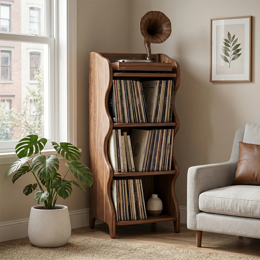 Compact Natural Solid Wood Audio Storage Cabinet With Wavy Side Panels - ArborisWood