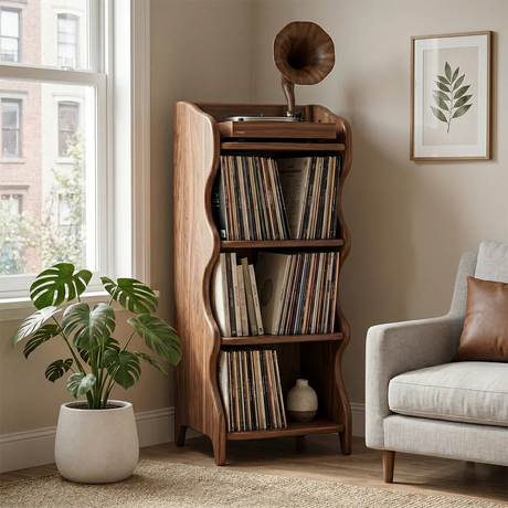 Compact Natural Solid Wood Audio Storage Cabinet With Wavy Side Panels - Arboriswood