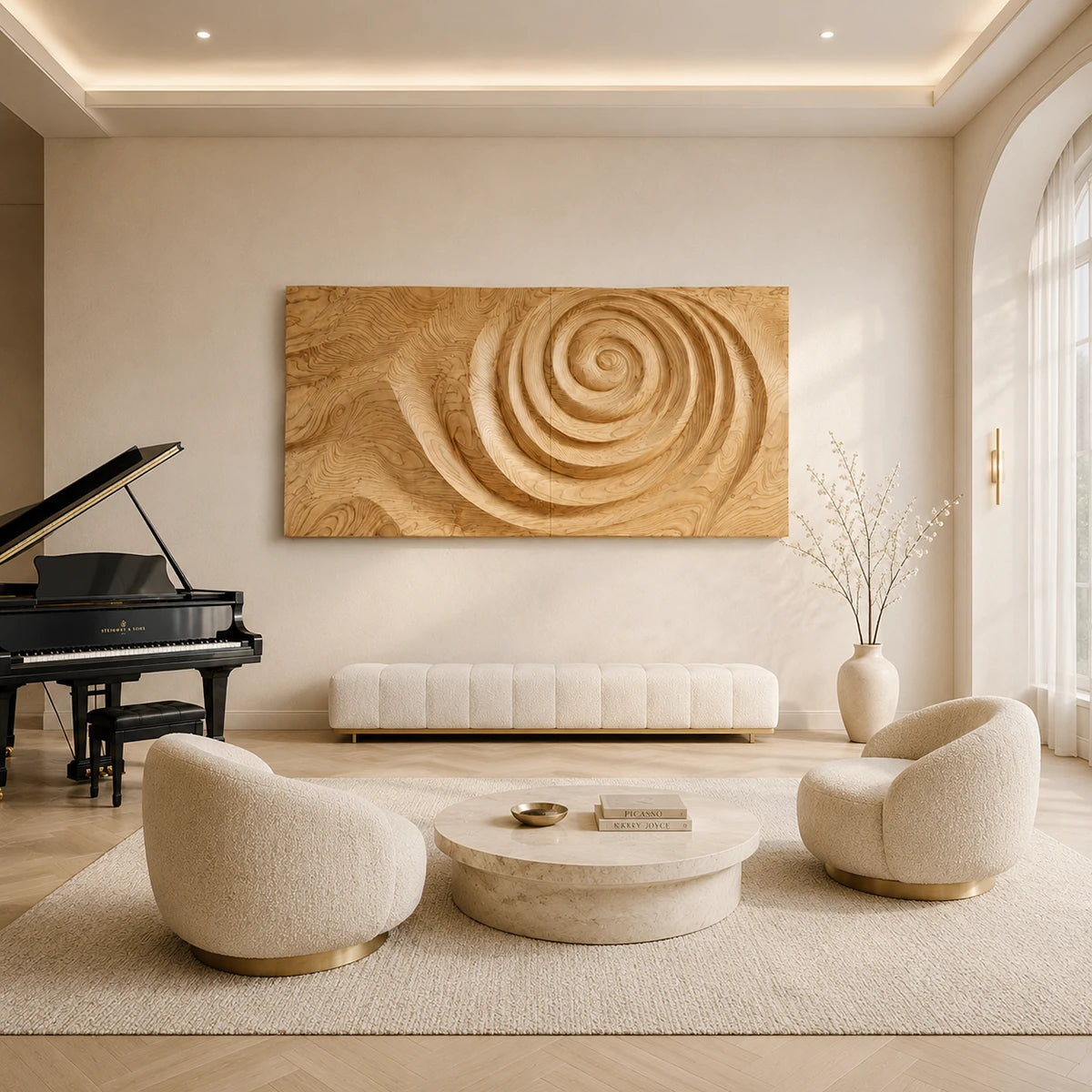 Spiral relief wall art forms a sculptural focal point across a refined contemporary room