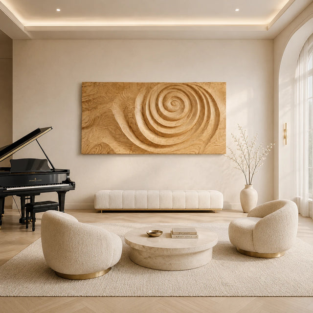 Spiral relief wall art forms a sculptural focal point across a refined contemporary room