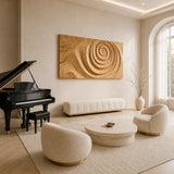 Carved circular wall panel adds layered depth and rhythmic motion to an elegant interior