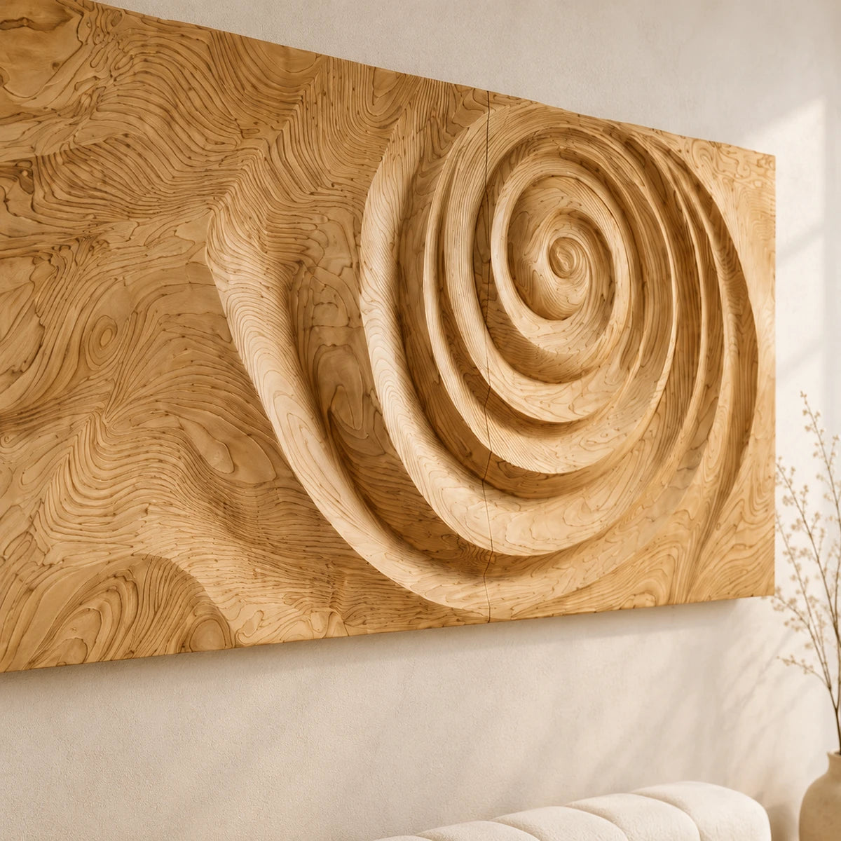 A large abstract wall sculpture brings sweeping spiral texture to a spacious living area