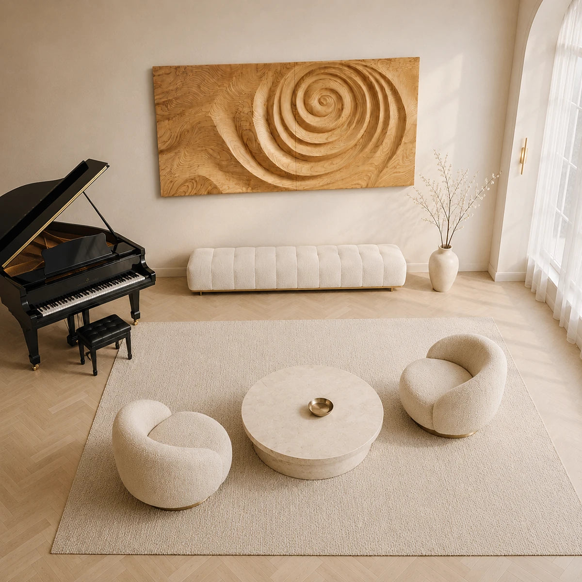 Mounted above a low bench, the relief artwork creates strong visual balance in the room