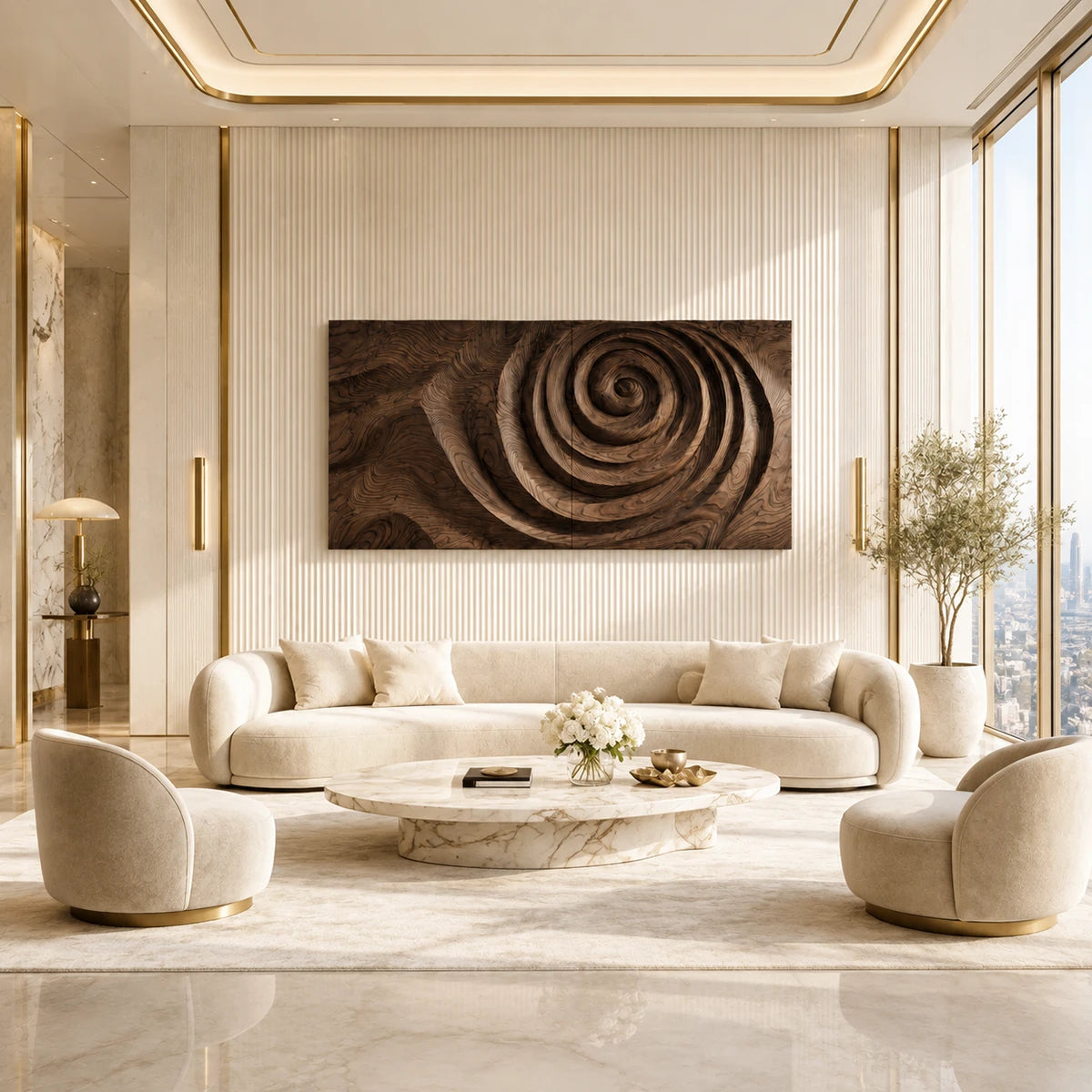 Deep sculpted grooves give this decorative wall panel a dramatic sense of movement