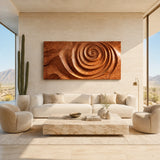 Architectural wall decor with spiral carving introduces texture to an open luxury space