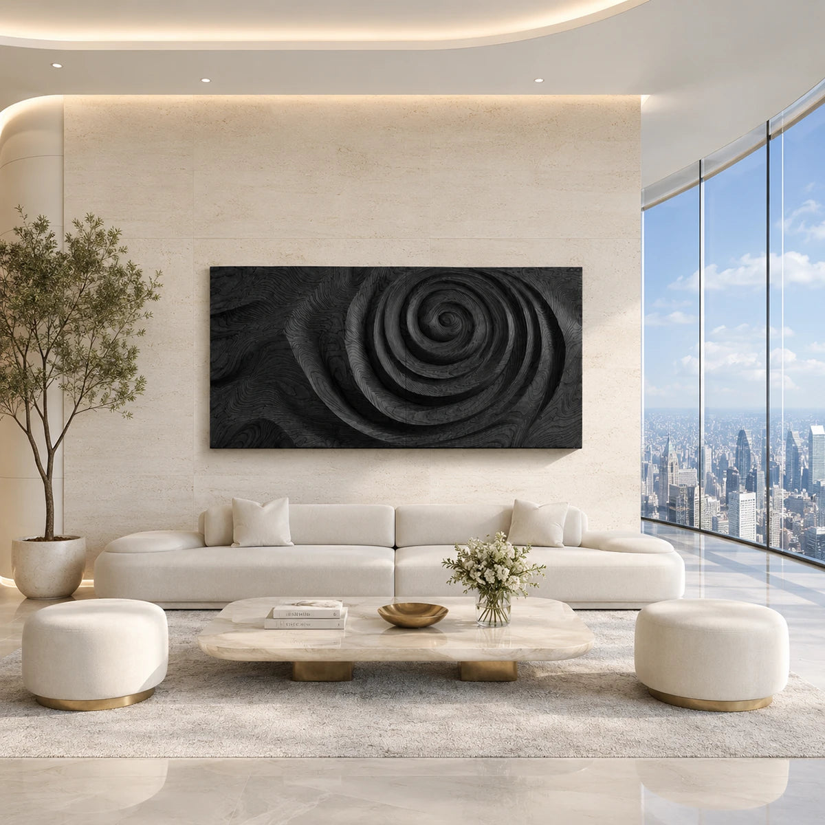 Flowing circular relief turns this wall sculpture into an expressive statement indoors