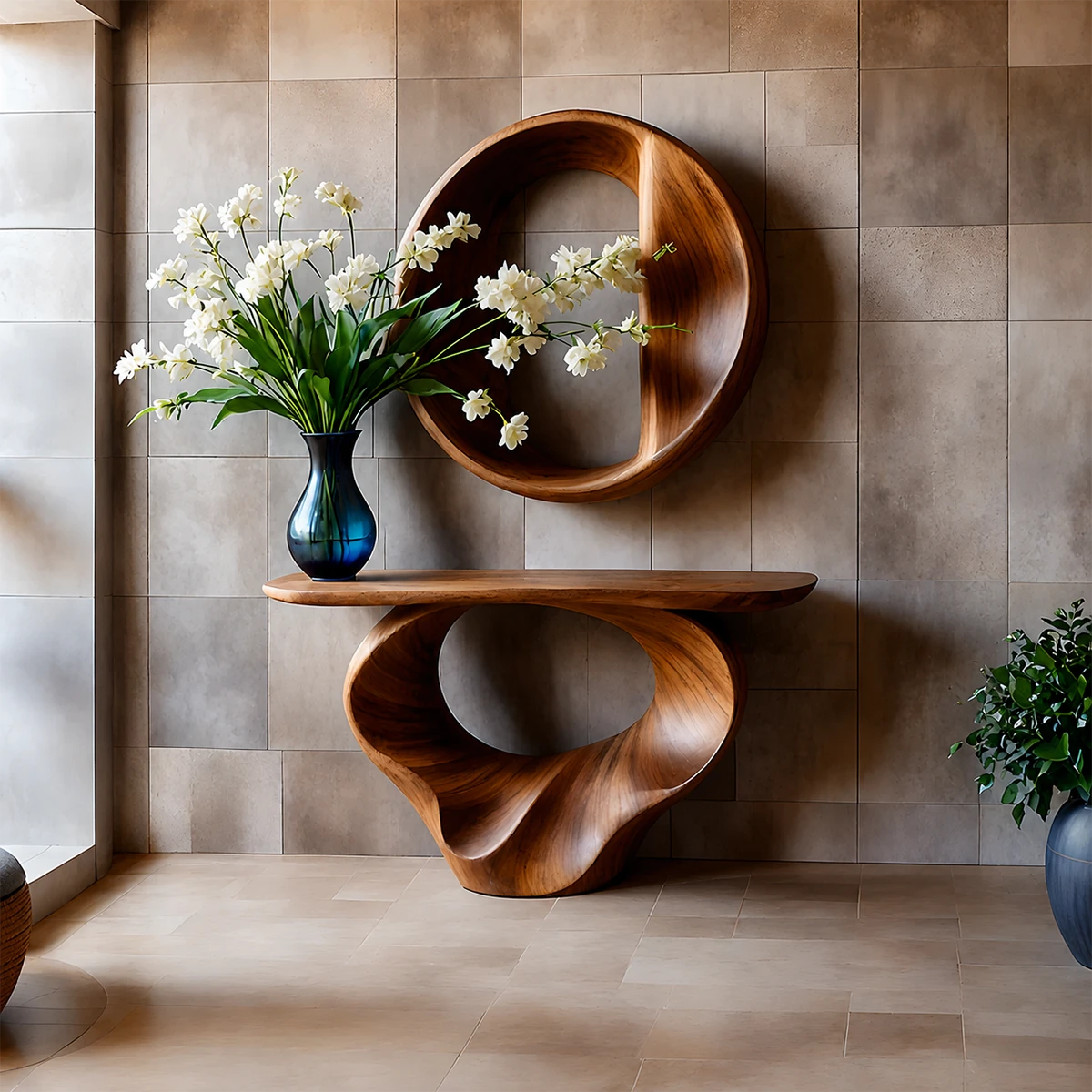 Console Table Natural Solid Wood Sculptural Spiral Loop Base - ArborisWood - 12