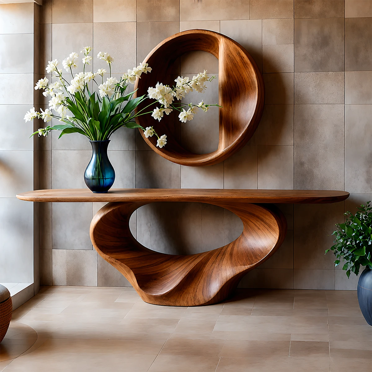 Console Table Natural Solid Wood Sculptural Spiral Loop Base - ArborisWood - 14