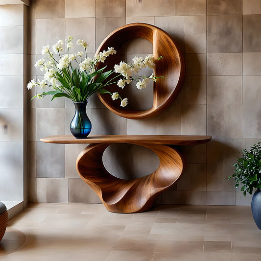 Console Table Natural Solid Wood Sculptural Spiral Loop Base - ArborisWood