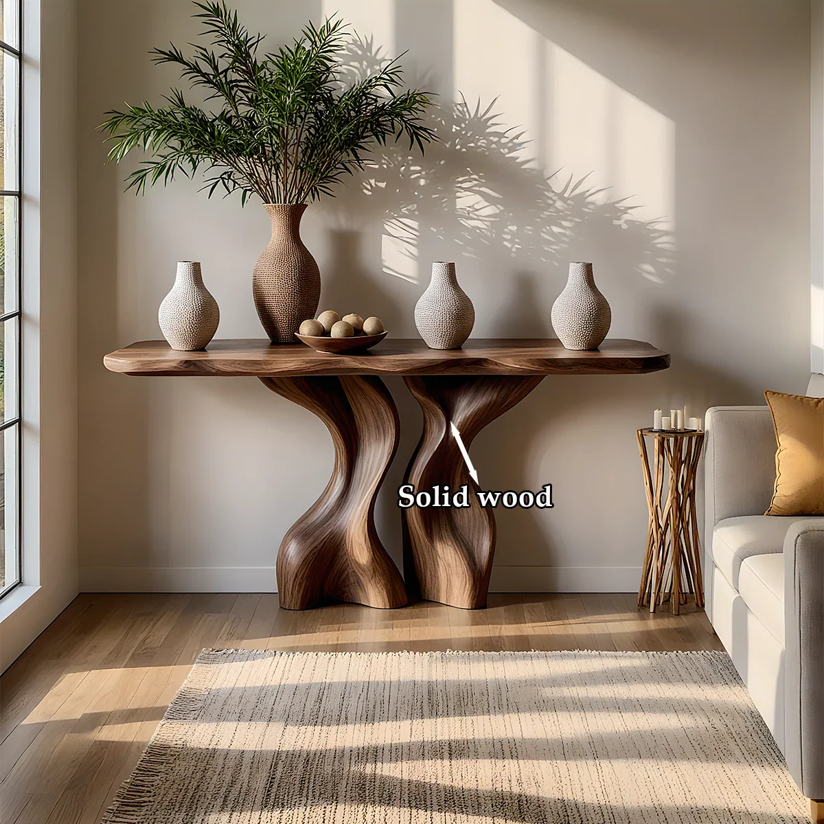 Console Table Natural Solid Wood Sculptural Twisted Twin Pedestal - ArborisWood - 10