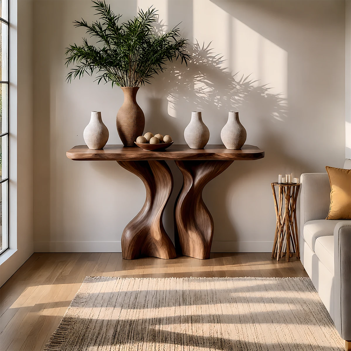 Console Table Natural Solid Wood Sculptural Twisted Twin Pedestal - ArborisWood - 12