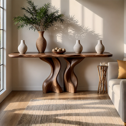 Console Table Natural Solid Wood Sculptural Twisted Twin Pedestal - ArborisWood - 13