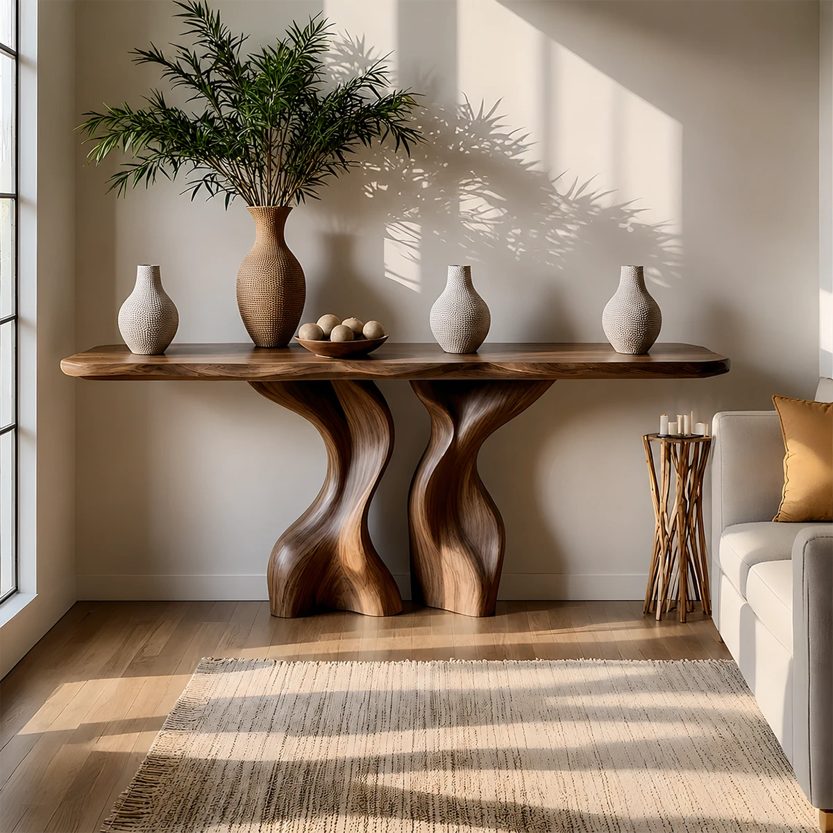 Console Table Natural Solid Wood Sculptural Twisted Twin Pedestal - ArborisWood - 14