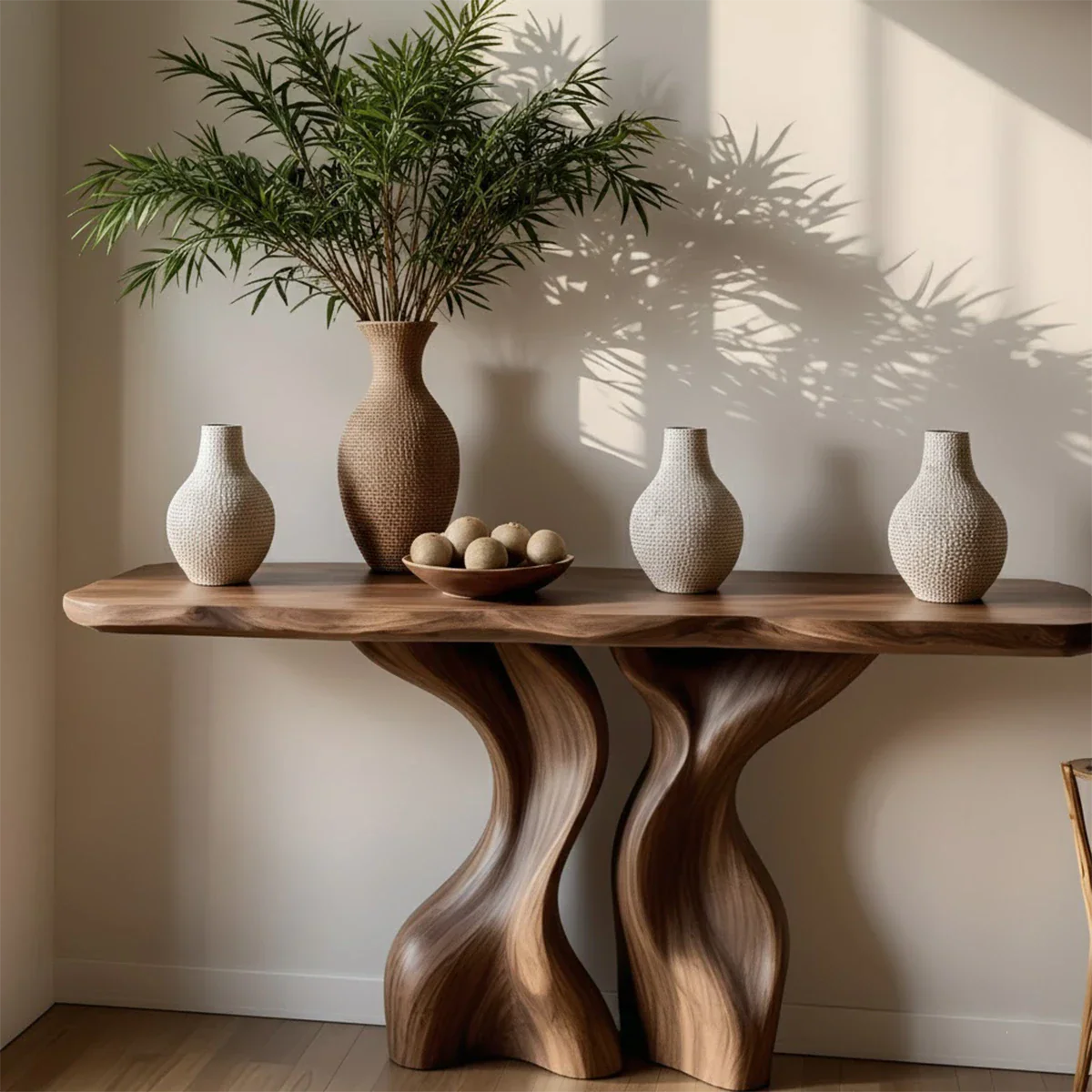 Console Table Natural Solid Wood Sculptural Twisted Twin Pedestal - ArborisWood - 4