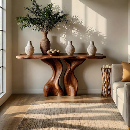 Console Table Natural Solid Wood Sculptural Twisted Twin Pedestal - ArborisWood - 7