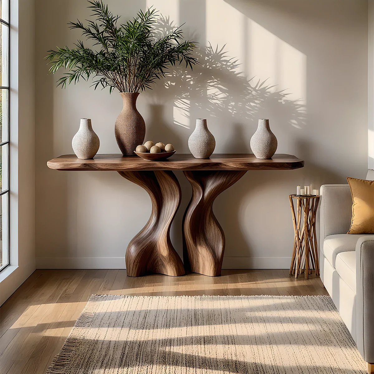 Console Table Natural Solid Wood Sculptural Twisted Twin Pedestal - ArborisWood