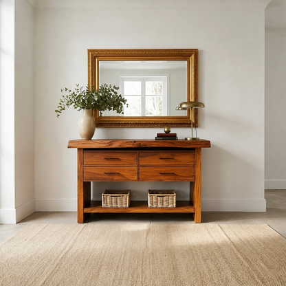 Clean lined storage table combining drawer organization and open shelf display