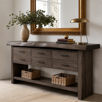 Versatile sofa table with six drawers and display shelf for decorative organization