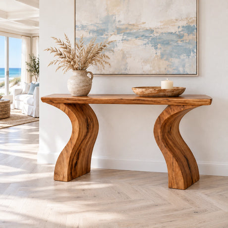 Console Table with Twin S-Curved Wood Pedestals and Live-Edge Slab Top - Arboriswood - 2