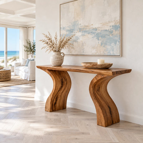 Console Table with Twin S-Curved Wood Pedestals and Live-Edge Slab Top - Arboriswood
