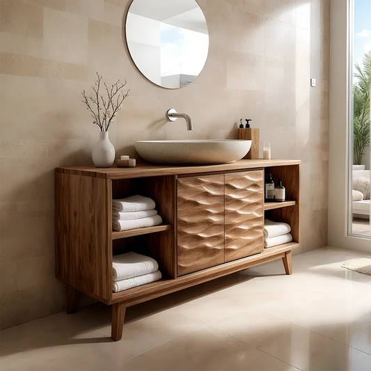 Contemporary acacia bathroom vanity with carved wave pattern doors