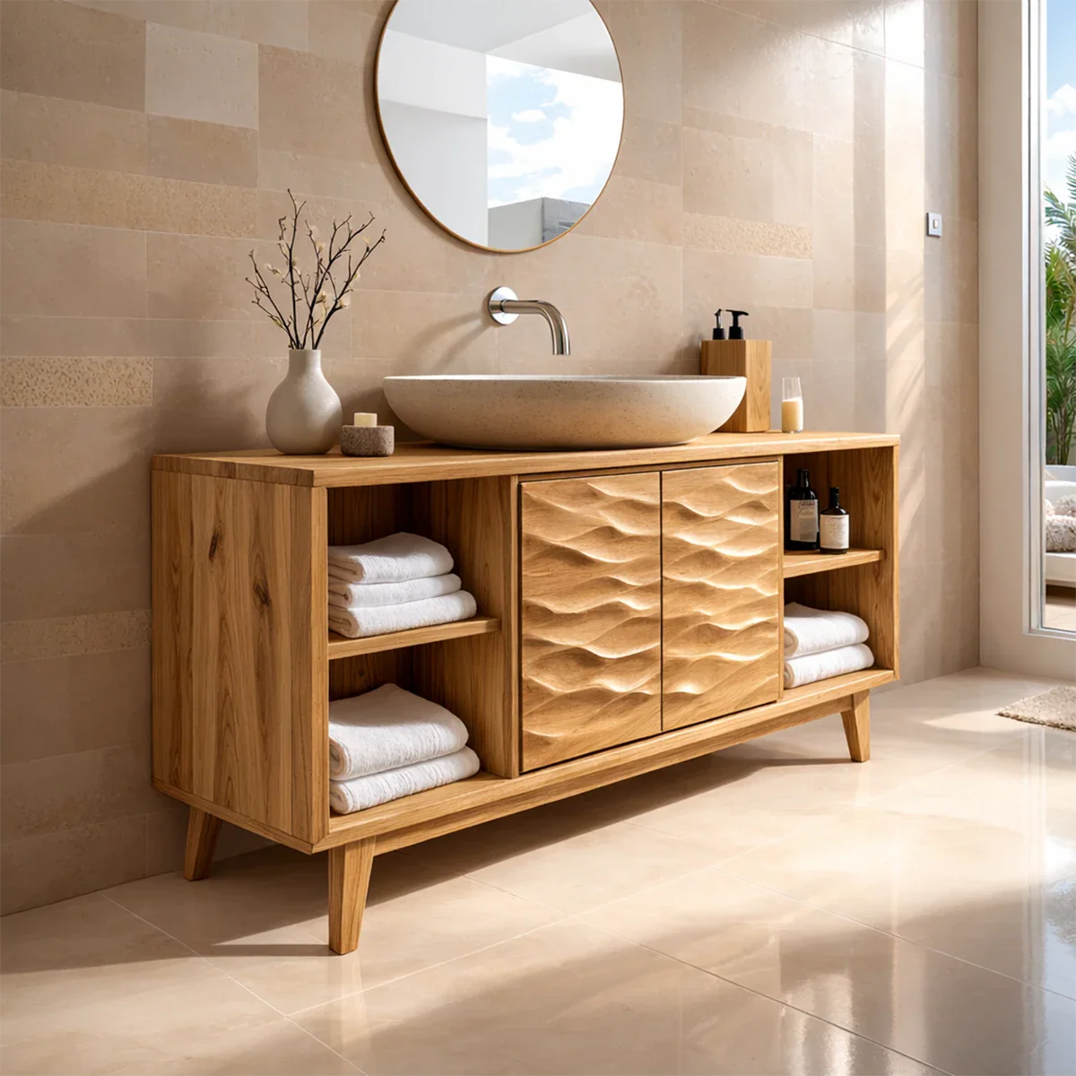 Luxury acacia bathroom vanity with organic carved wood doors