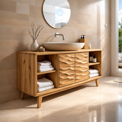Luxury acacia bathroom vanity with organic carved wood doors