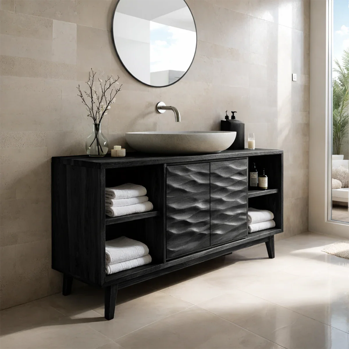 Natural acacia bathroom vanity with modern vessel sink setup