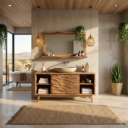 Natural acacia bathroom vanity with textured wooden cabinet doors