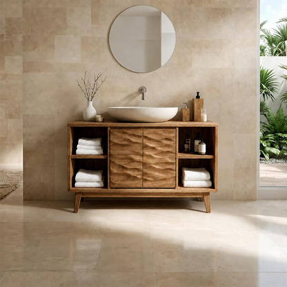 Hand-Carved Natural Solid Wood Bathroom Vanity With Open Shelves