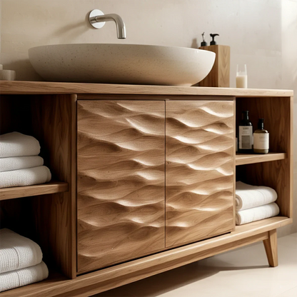 Modern acacia bathroom vanity with decorative carved wood doors