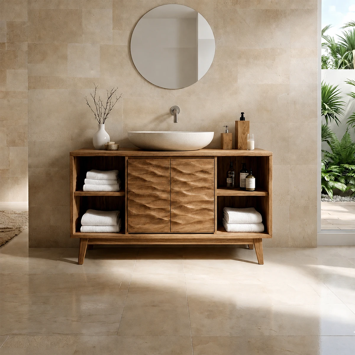 Hand-Carved Natural Solid Wood Bathroom Vanity With Open Shelves