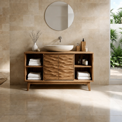 Hand-Carved Natural Solid Wood Bathroom Vanity With Open Shelves