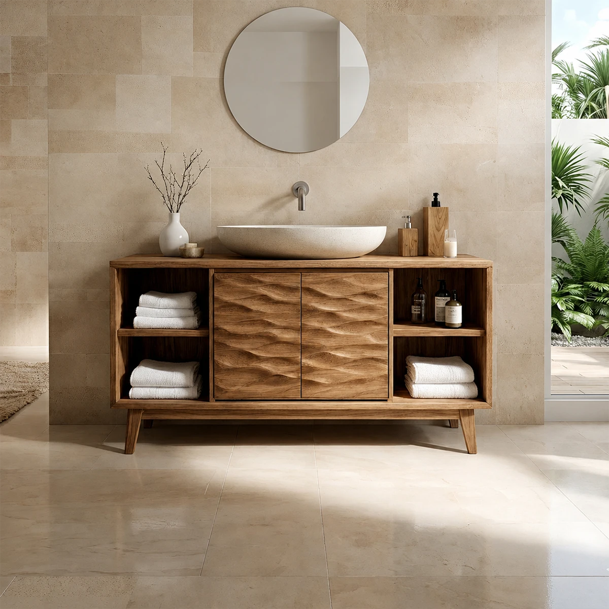 Hand-Carved Natural Solid Wood Bathroom Vanity With Open Shelves