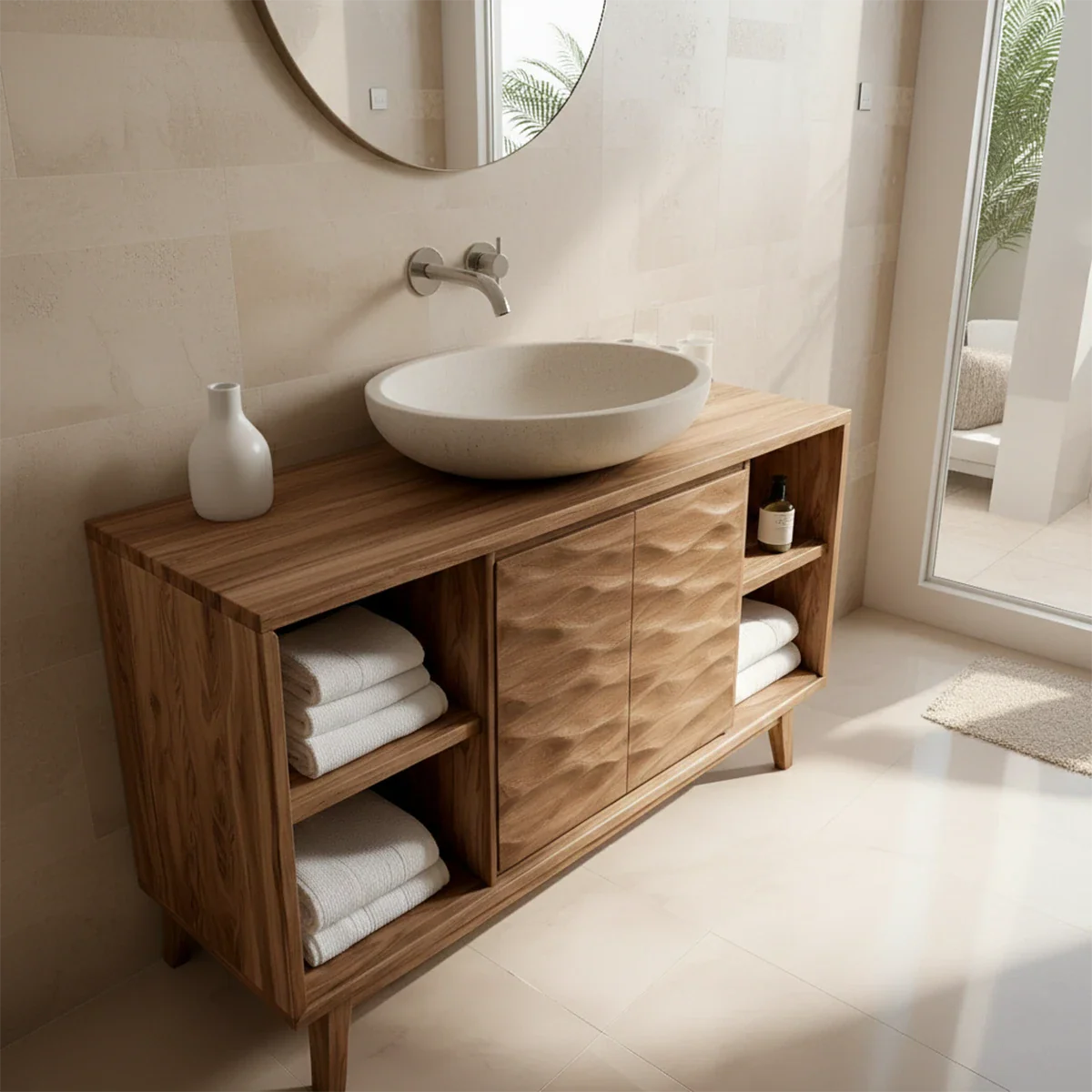 Designer acacia bathroom vanity with textured cabinet front