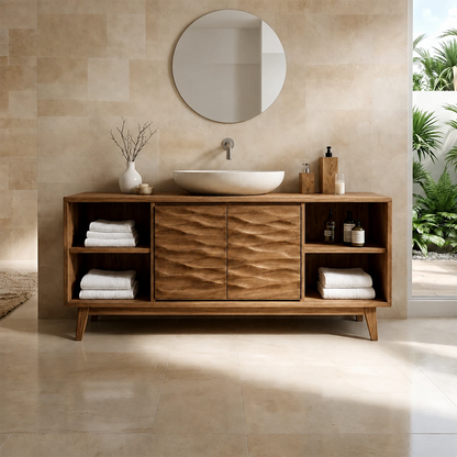 Hand-Carved Natural Solid Wood Bathroom Vanity With Open Shelves