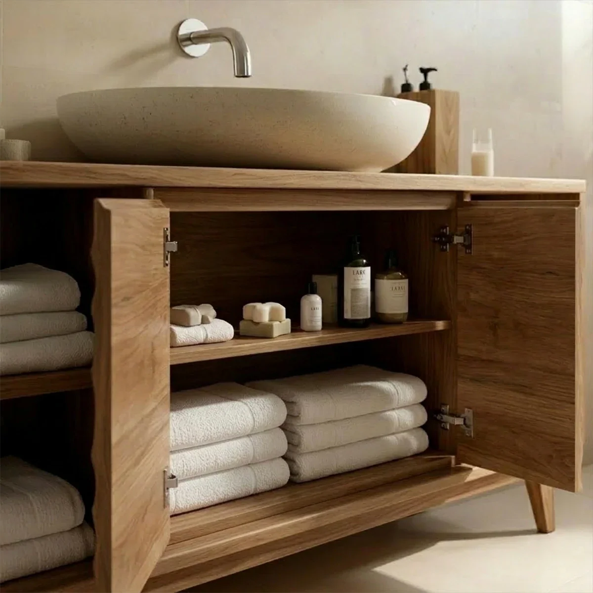 Premium acacia bathroom vanity with handcrafted carved wood pattern