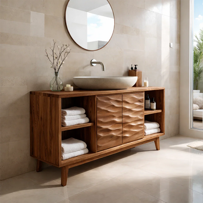 Contemporary acacia bathroom vanity with storage shelves and cabinet