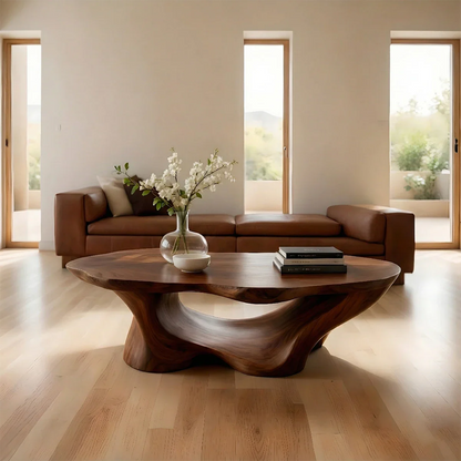 Minimal walnut coffee table with sturdy base structure