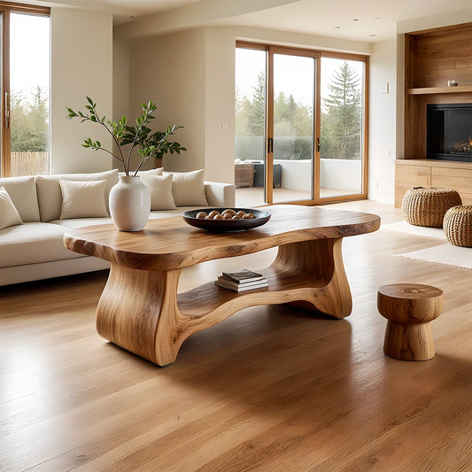 Brown coffee table with thick top and side panel