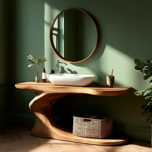 Contemporary brown wood bathroom vanity with curved base