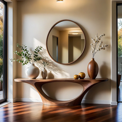 Contemporary brown wood console table with oval bridge base