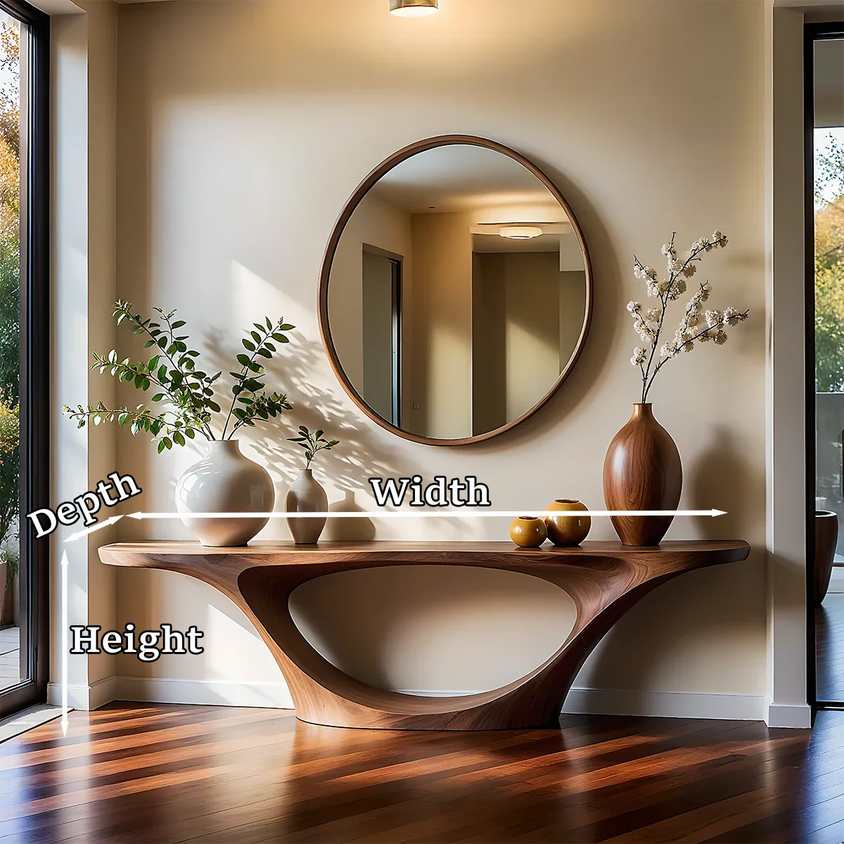 Minimal brown wood console table with curved bridge base