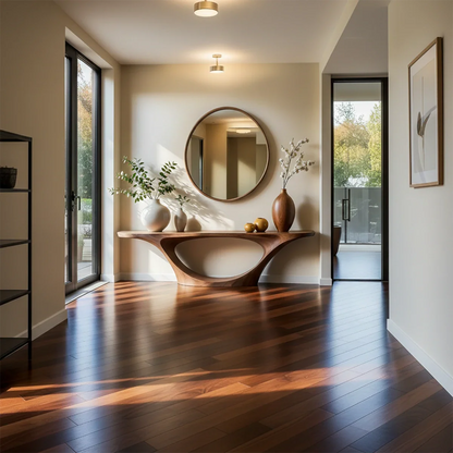 Modern brown wood console table with organic bridge base