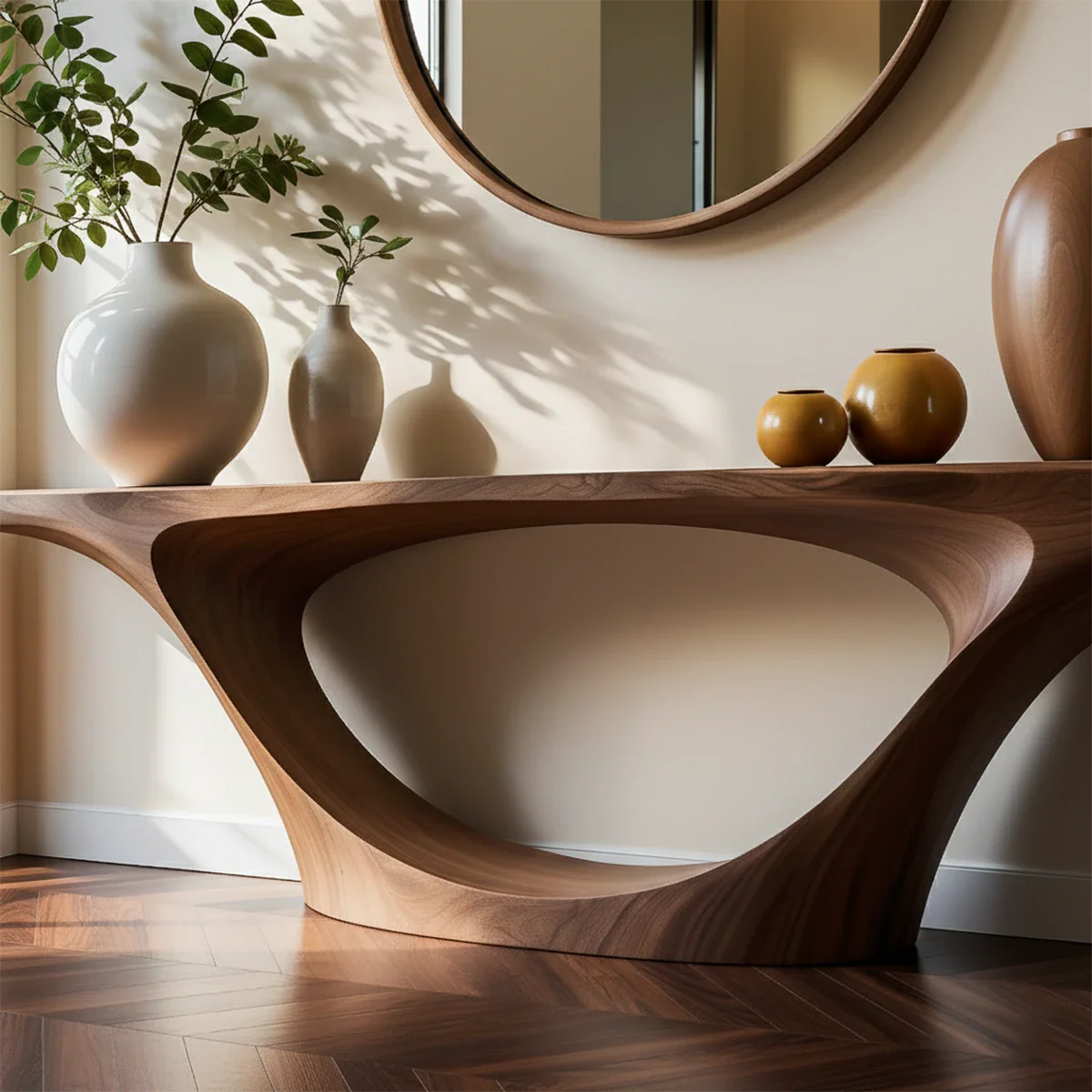 Designer brown wood console table with sculptural base